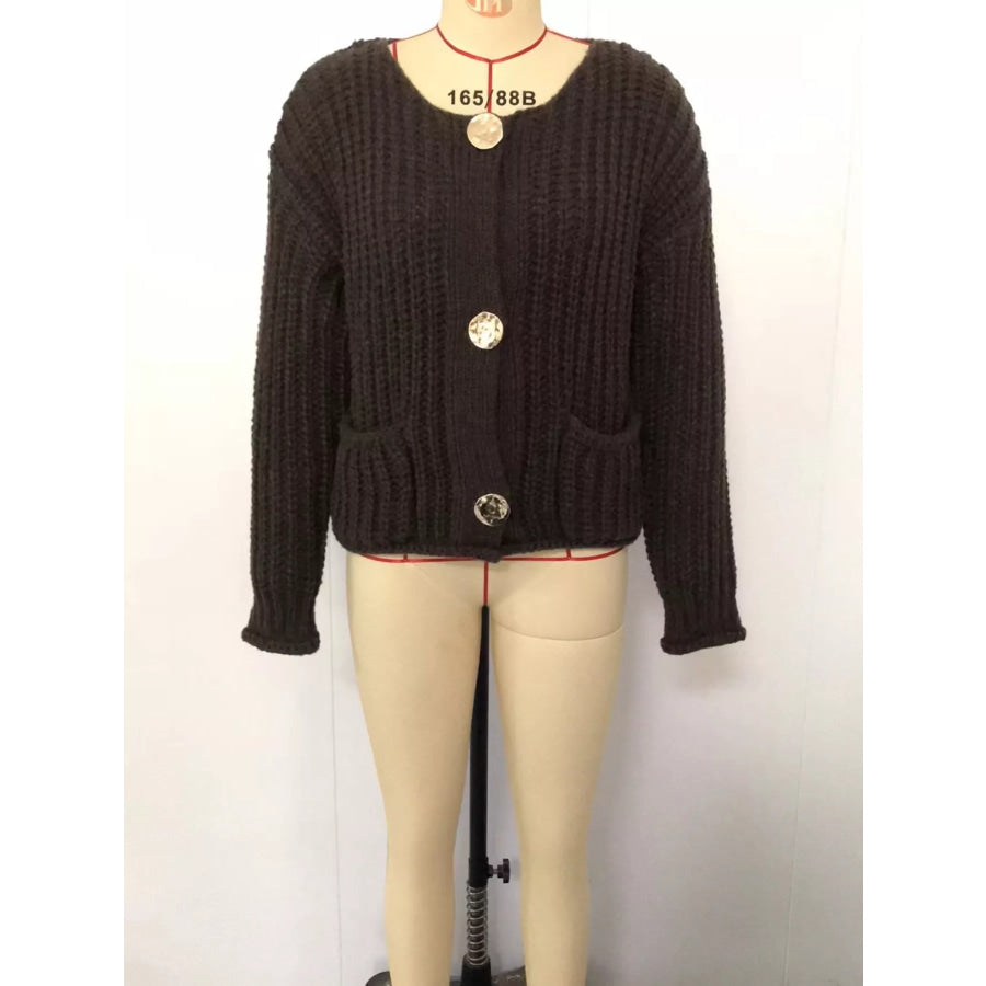 Ribbed Knit Cardigan with Gold-Tone Buttons