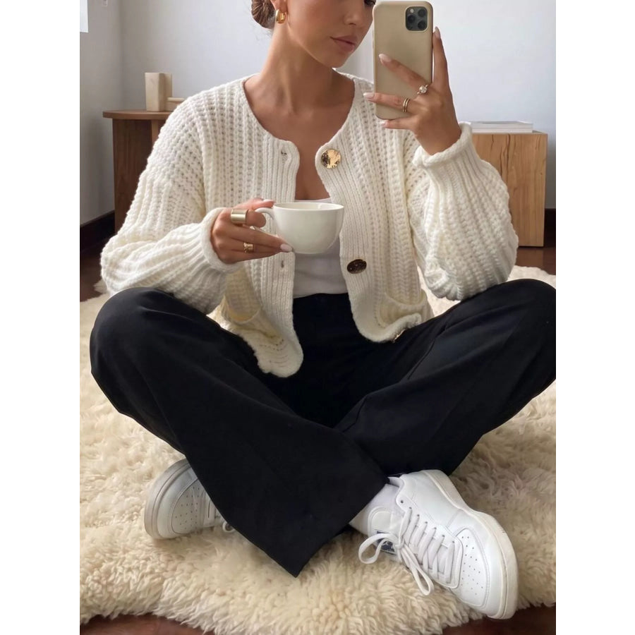 Ribbed Knit Cardigan with Gold-Tone Buttons