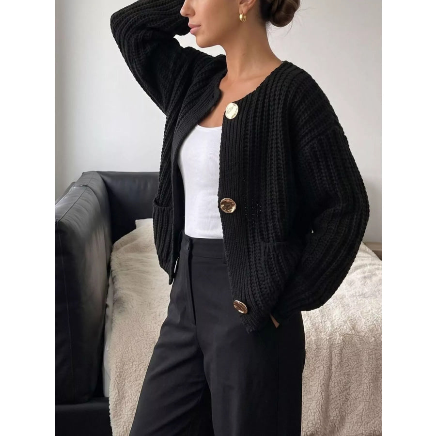 Ribbed Knit Cardigan with Gold-Tone Buttons