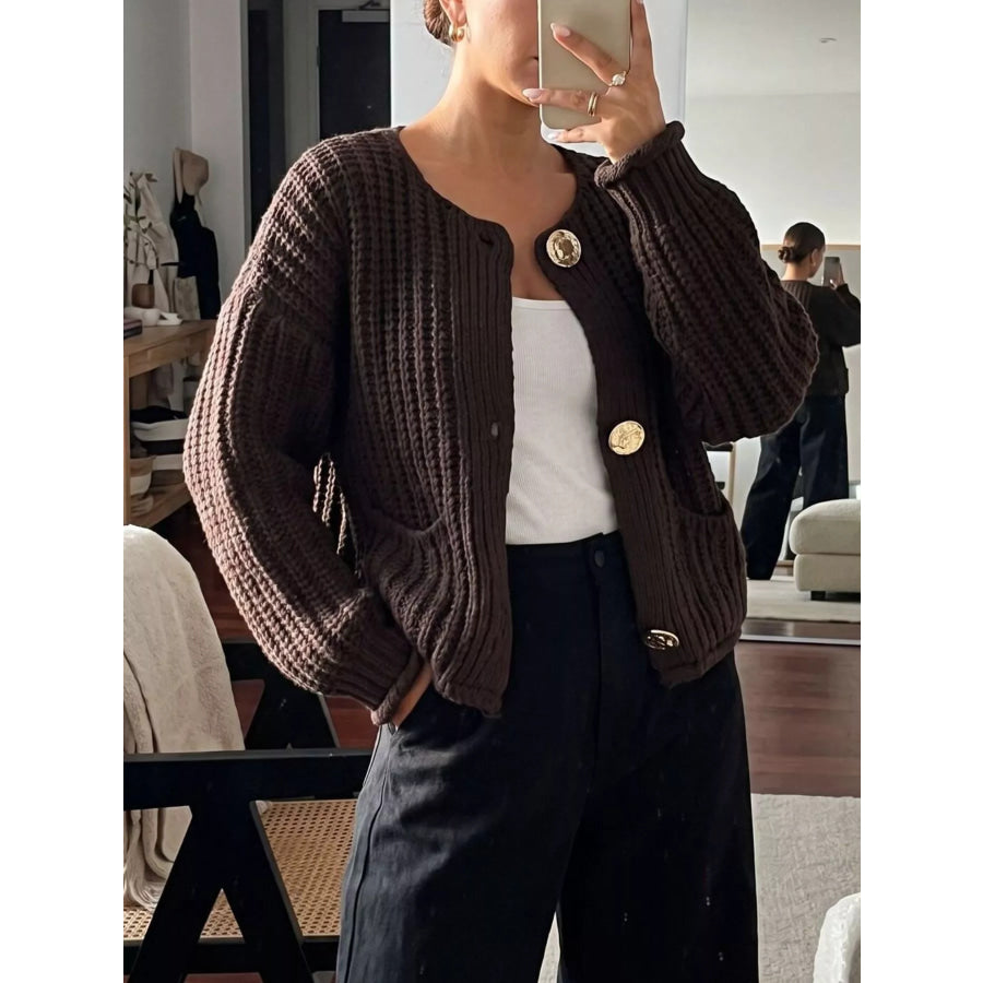 Ribbed Knit Cardigan with Gold-Tone Buttons