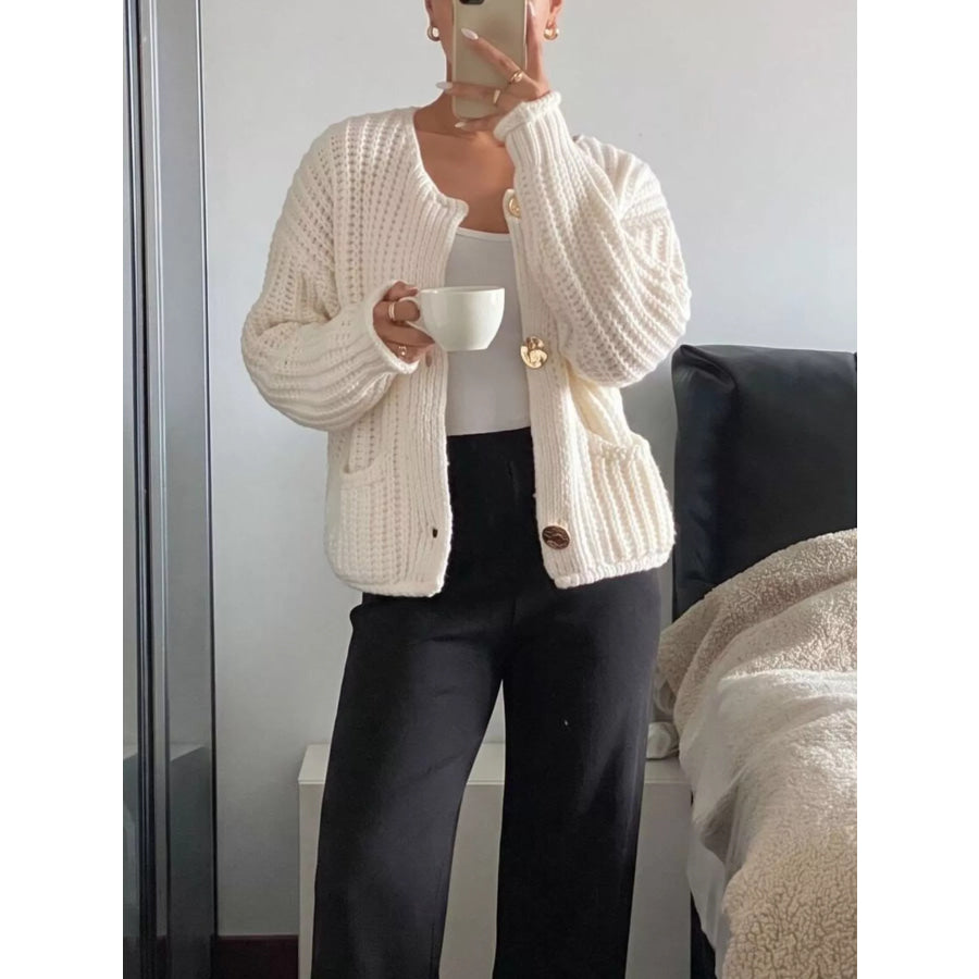 Ribbed Knit Cardigan with Gold-Tone Buttons