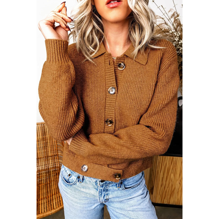 Ribbed Knit Collar Button Front Long Sleeve Cardigan Caramel / S Apparel and Accessories