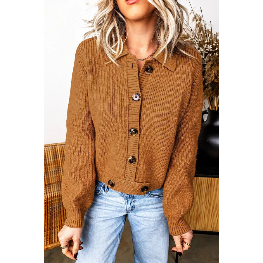 Ribbed Knit Collar Button Front Long Sleeve Cardigan Apparel and Accessories