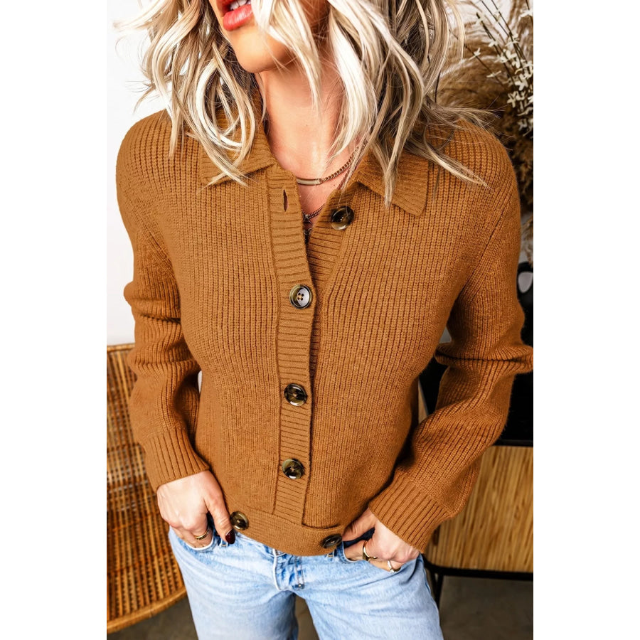 Ribbed Knit Collar Button Front Long Sleeve Cardigan Apparel and Accessories