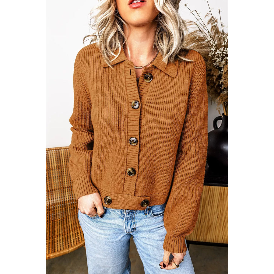 Ribbed Knit Collar Button Front Long Sleeve Cardigan Caramel / S Apparel and Accessories