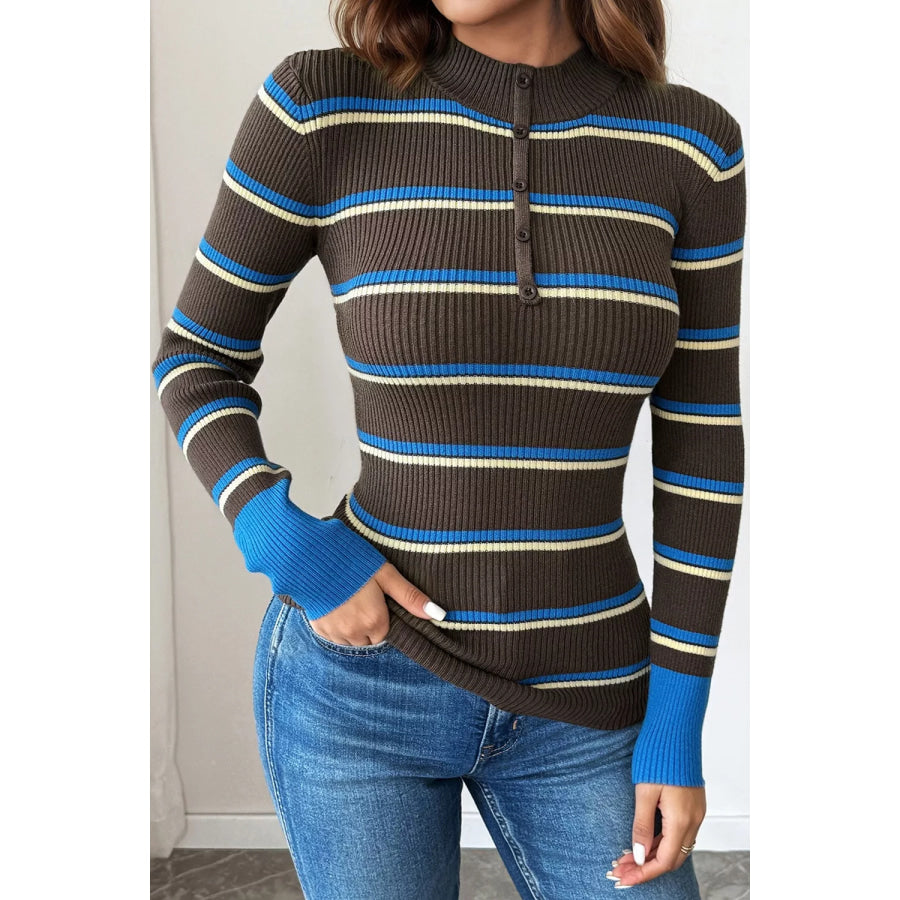 Ribbed Knit Contrast Cuff Henley Button Sweater Apparel and Accessories