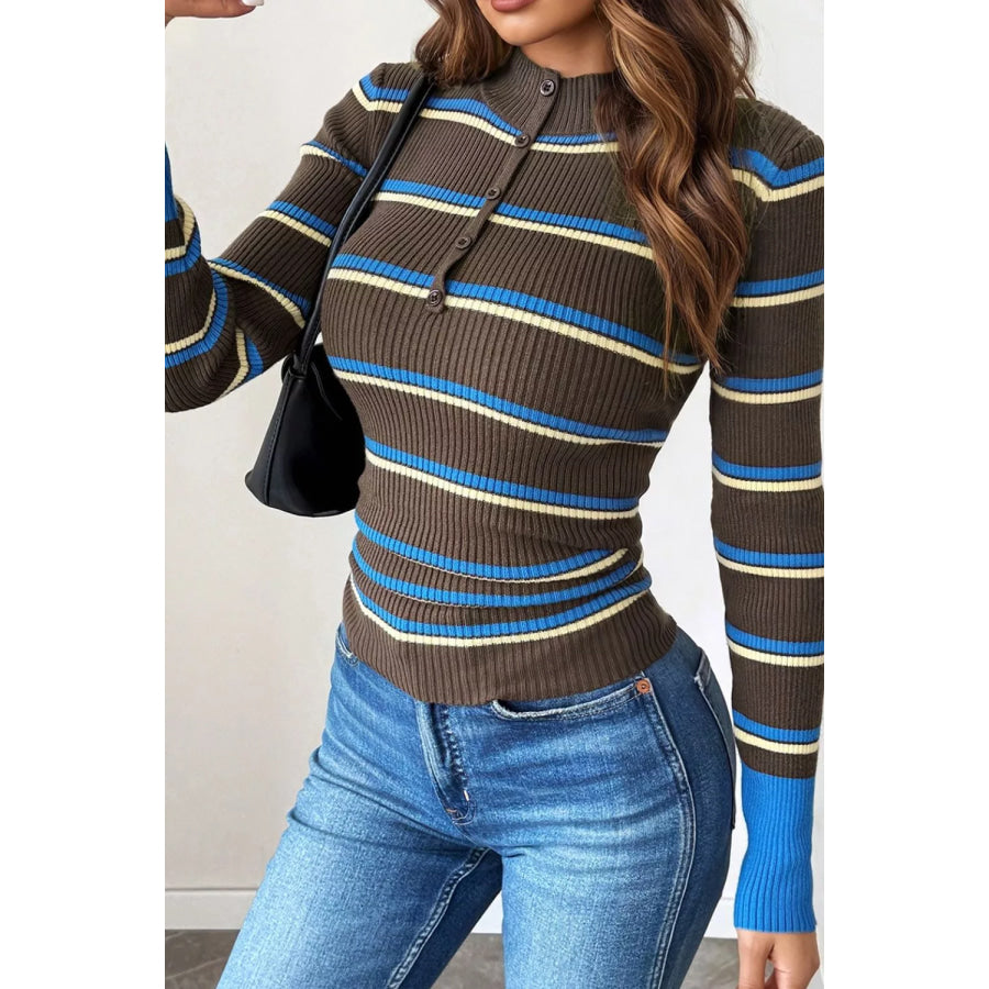 Ribbed Knit Contrast Cuff Henley Button Sweater Apparel and Accessories