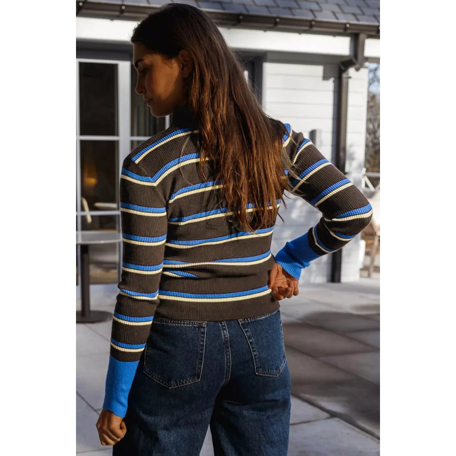 Ribbed Knit Contrast Cuff Henley Button Sweater Apparel and Accessories