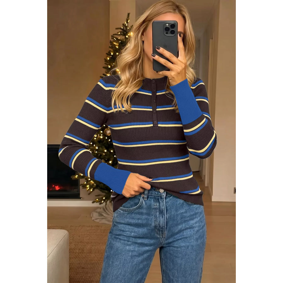 Ribbed Knit Contrast Cuff Henley Button Sweater Apparel and Accessories