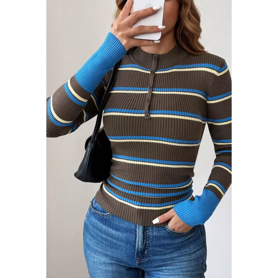 Ribbed Knit Contrast Cuff Henley Button Sweater Stripe / S Apparel and Accessories