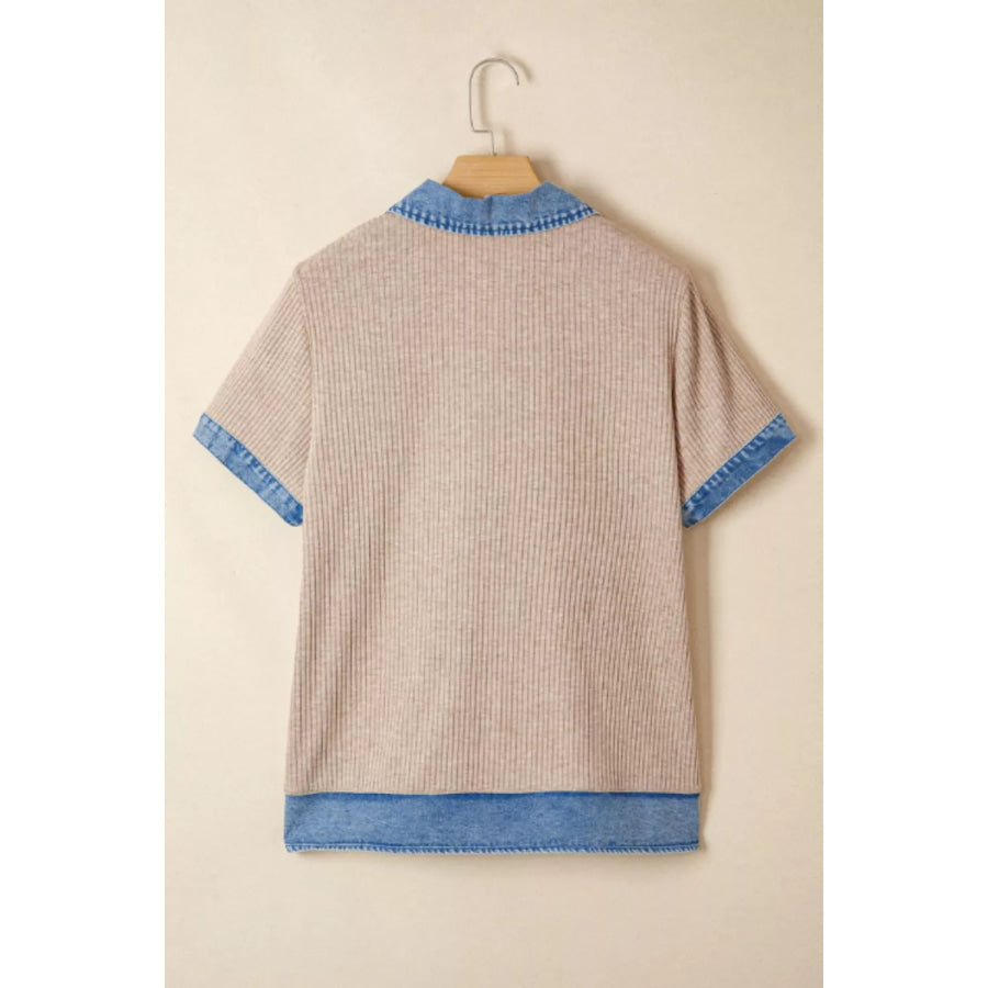 Ribbed Knit Contrast Denim Collar Top Apparel and Accessories