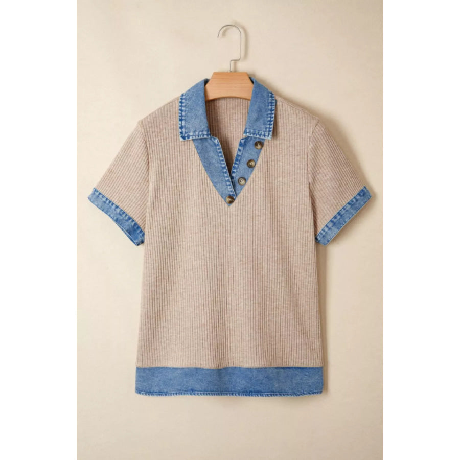 Ribbed Knit Contrast Denim Collar Top Apparel and Accessories