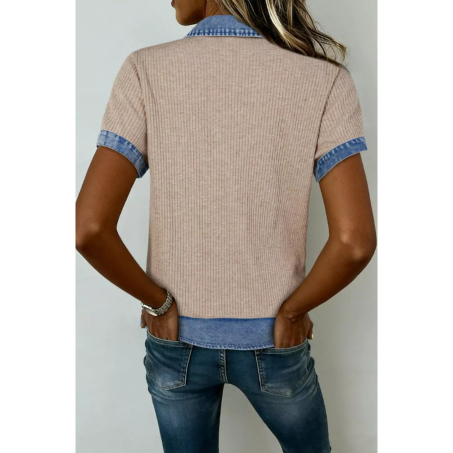 Ribbed Knit Contrast Denim Collar Top Mocha / S Apparel and Accessories