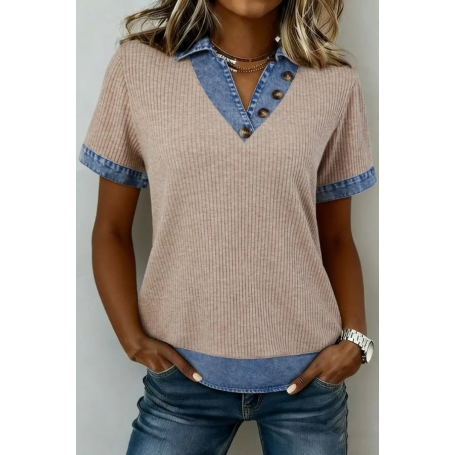Ribbed Knit Contrast Denim Collar Top Mocha / S Apparel and Accessories