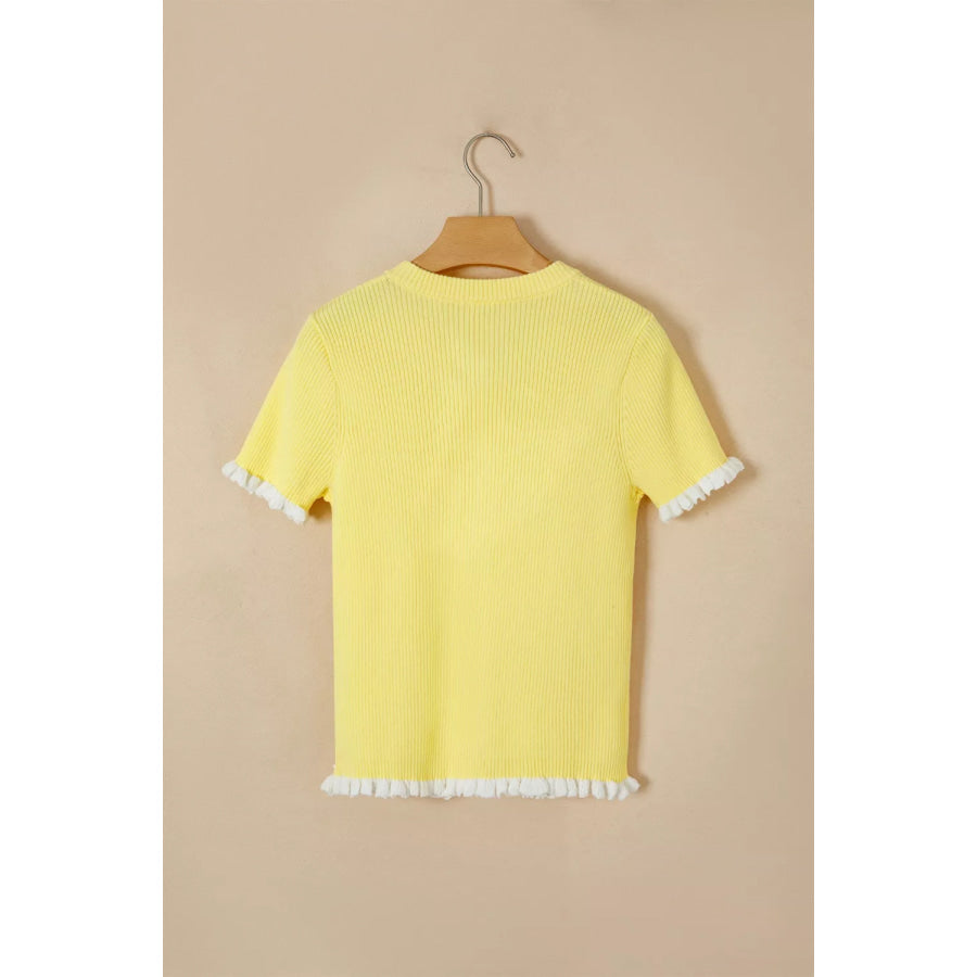 Ribbed Knit Contrast Frilled Short Sleeve Sweater Cardigan Apparel and Accessories