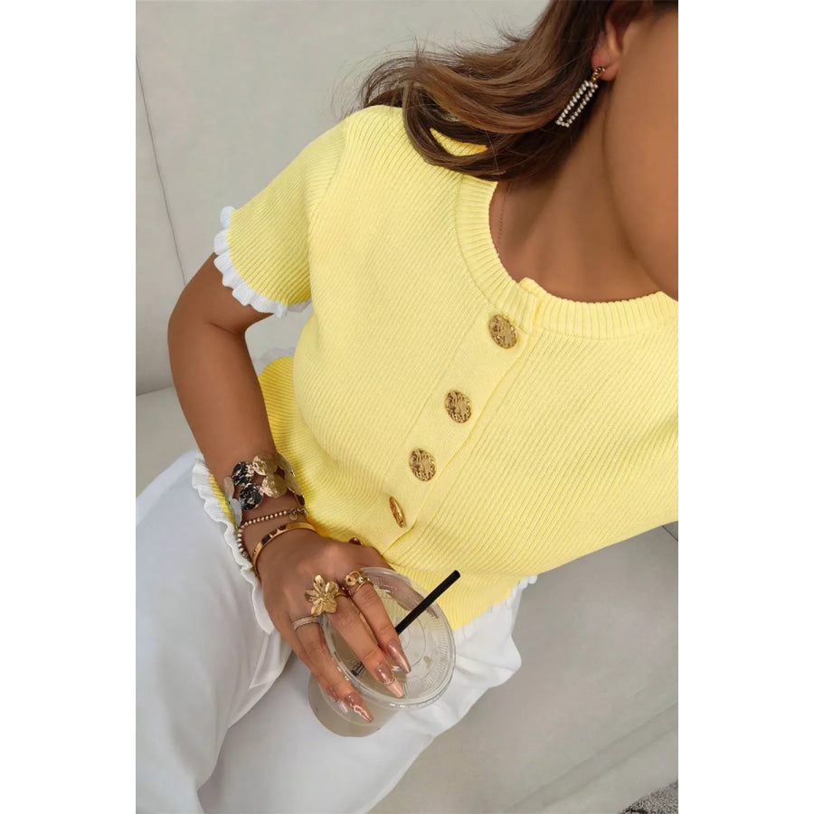 Ribbed Knit Contrast Frilled Short Sleeve Sweater Cardigan Apparel and Accessories