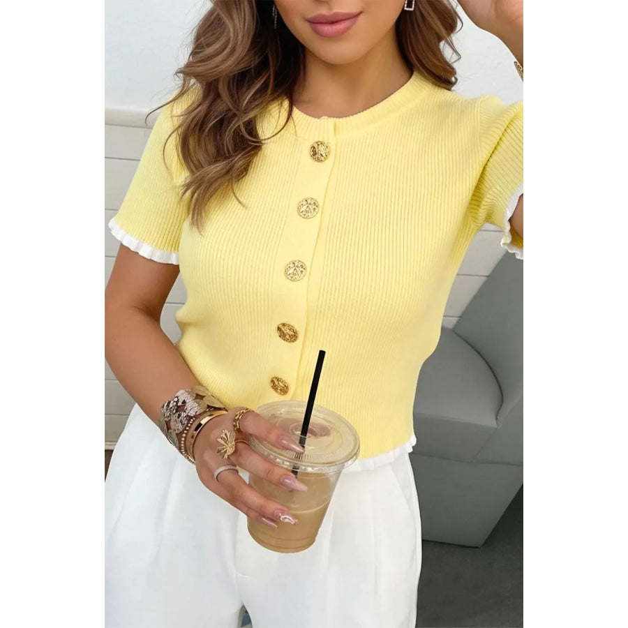 Ribbed Knit Contrast Frilled Short Sleeve Sweater Cardigan Light Yellow / S Apparel and Accessories