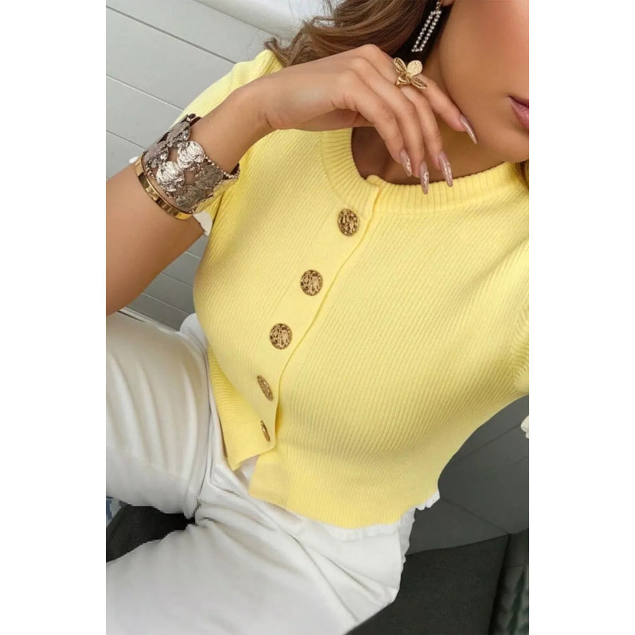Ribbed Knit Contrast Frilled Short Sleeve Sweater Cardigan Apparel and Accessories