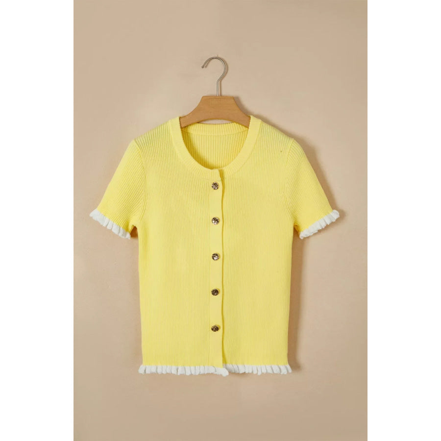 Ribbed Knit Contrast Frilled Short Sleeve Sweater Cardigan Apparel and Accessories