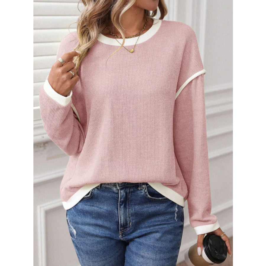 Ribbed Knit Contrast Trim Sweater Apparel and Accessories