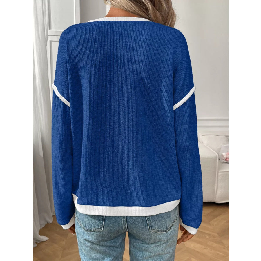 Ribbed Knit Contrast Trim Sweater Apparel and Accessories