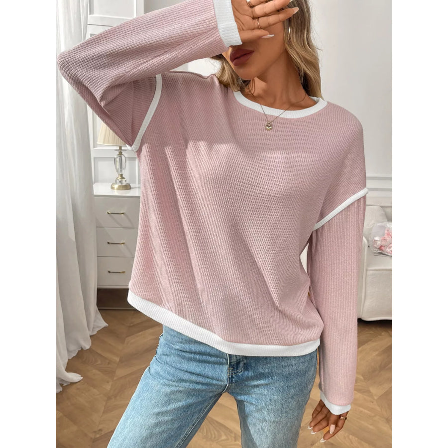 Ribbed Knit Contrast Trim Sweater Apparel and Accessories