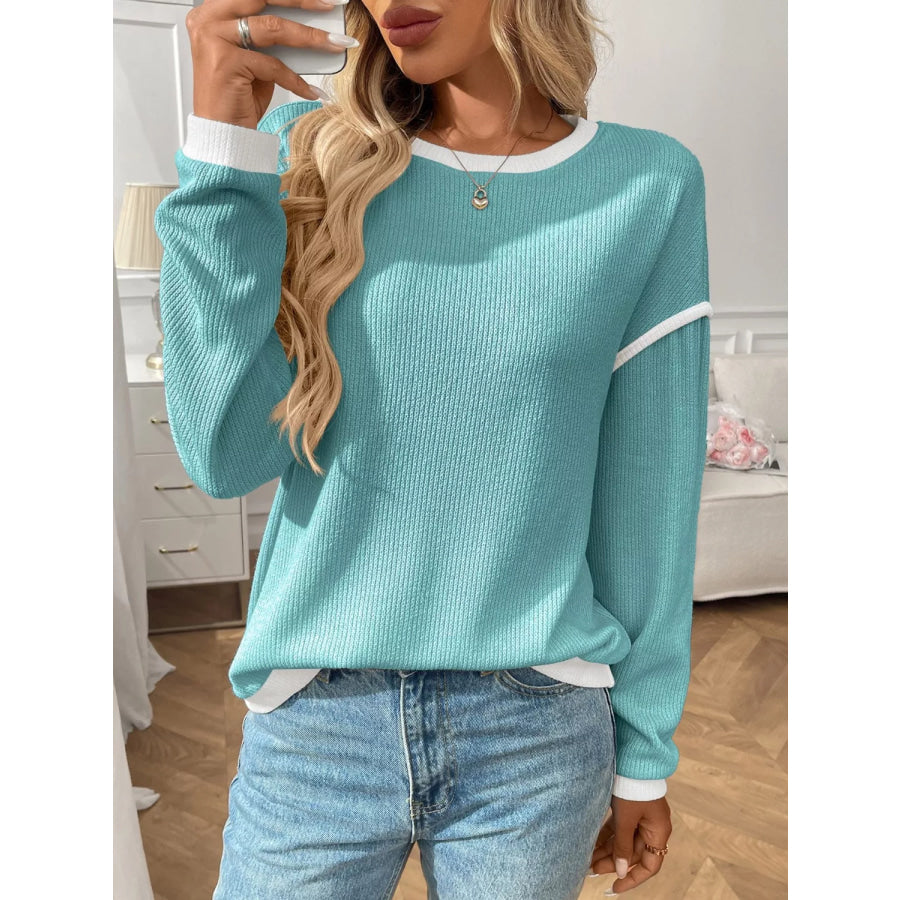 Ribbed Knit Contrast Trim Sweater Apparel and Accessories