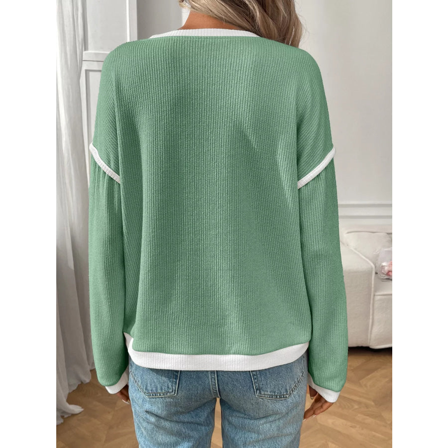 Ribbed Knit Contrast Trim Sweater Apparel and Accessories
