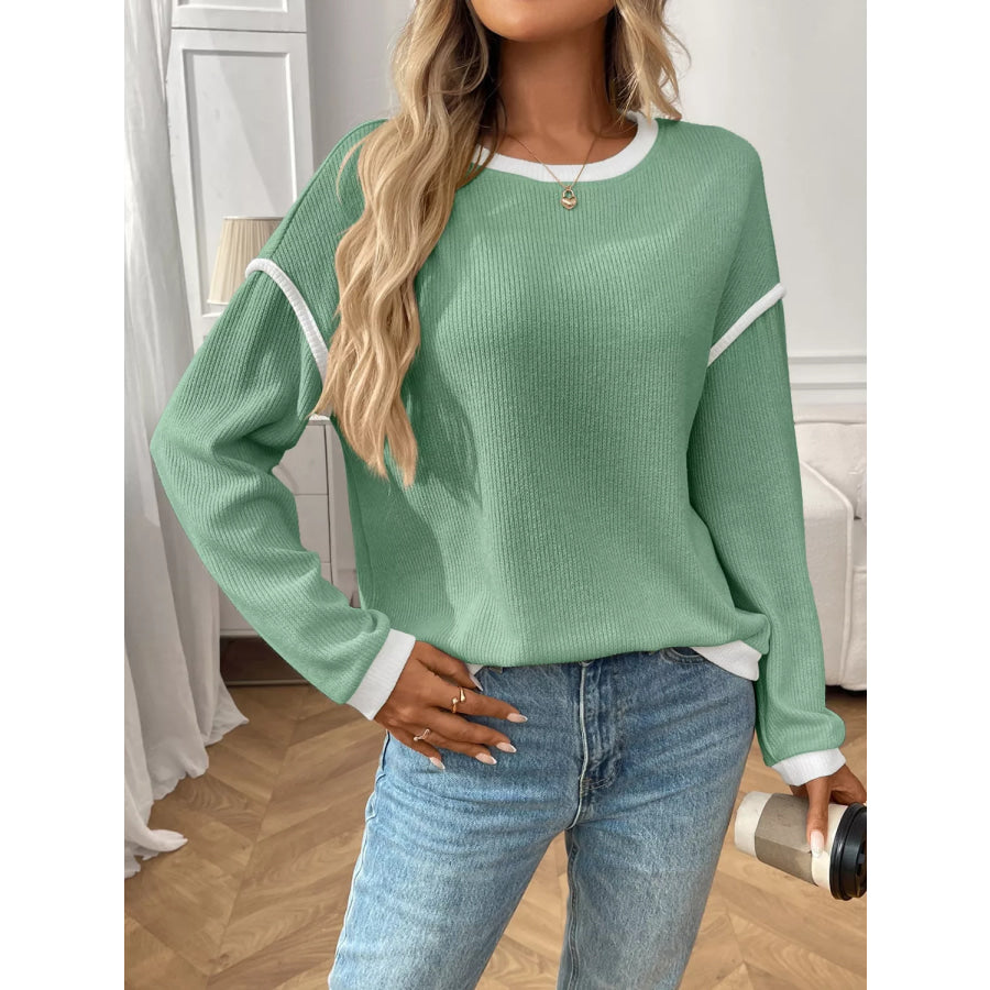 Ribbed Knit Contrast Trim Sweater Apparel and Accessories