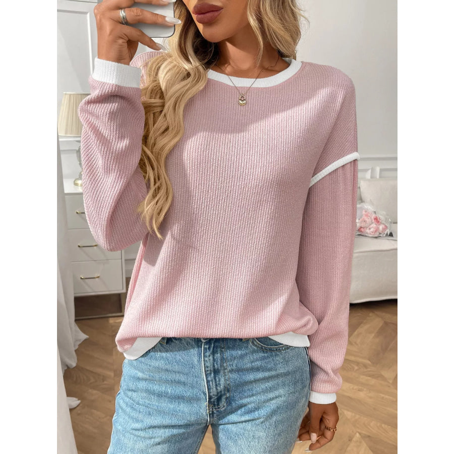 Ribbed Knit Contrast Trim Sweater Apparel and Accessories