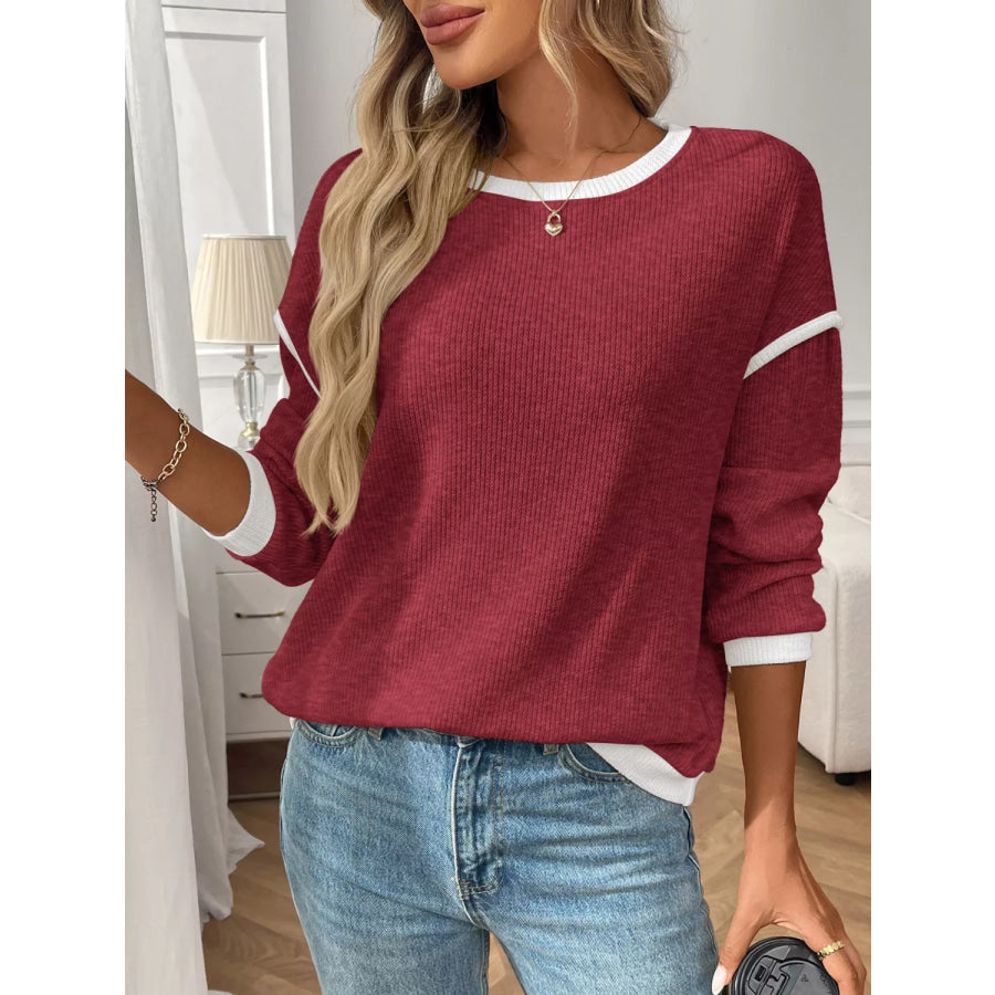 Ribbed Knit Contrast Trim Sweater Apparel and Accessories