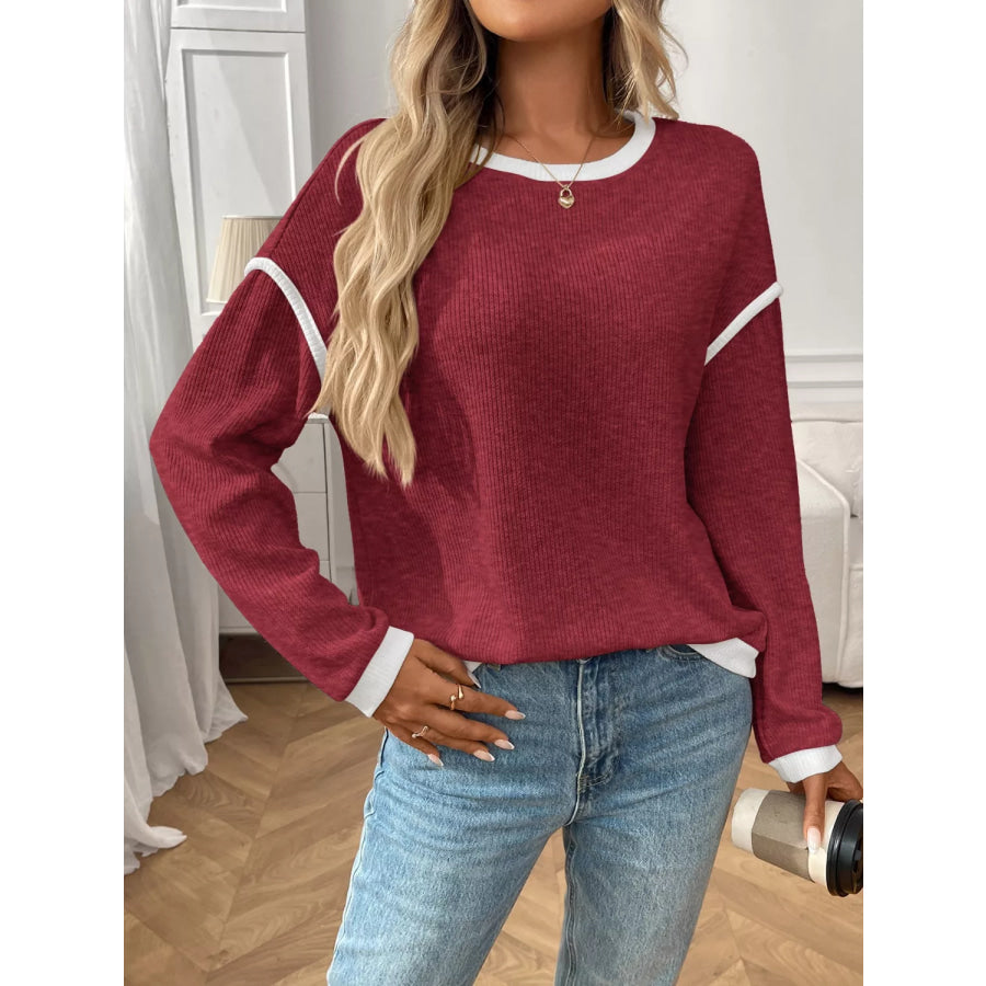 Ribbed Knit Contrast Trim Sweater Apparel and Accessories