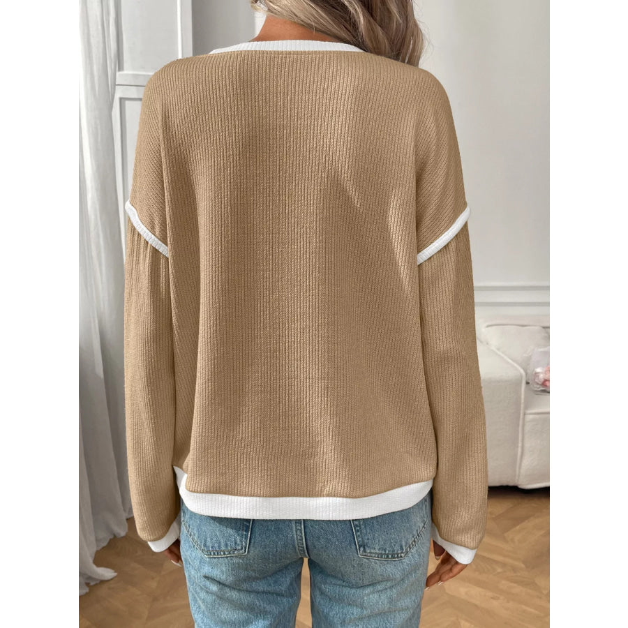 Ribbed Knit Contrast Trim Sweater Apparel and Accessories