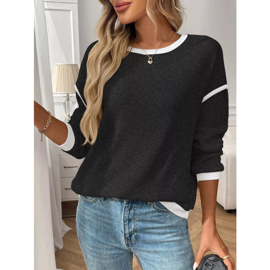 Ribbed Knit Contrast Trim Sweater Apparel and Accessories