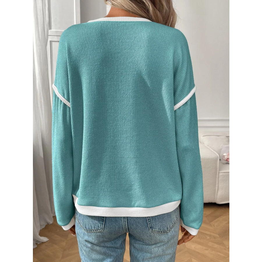 Ribbed Knit Contrast Trim Sweater Apparel and Accessories