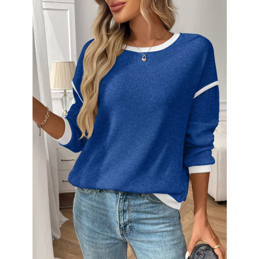 Ribbed Knit Contrast Trim Sweater Apparel and Accessories