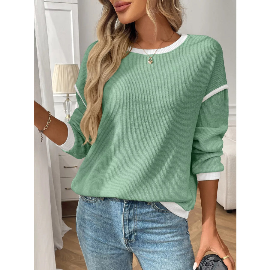 Ribbed Knit Contrast Trim Sweater Apparel and Accessories