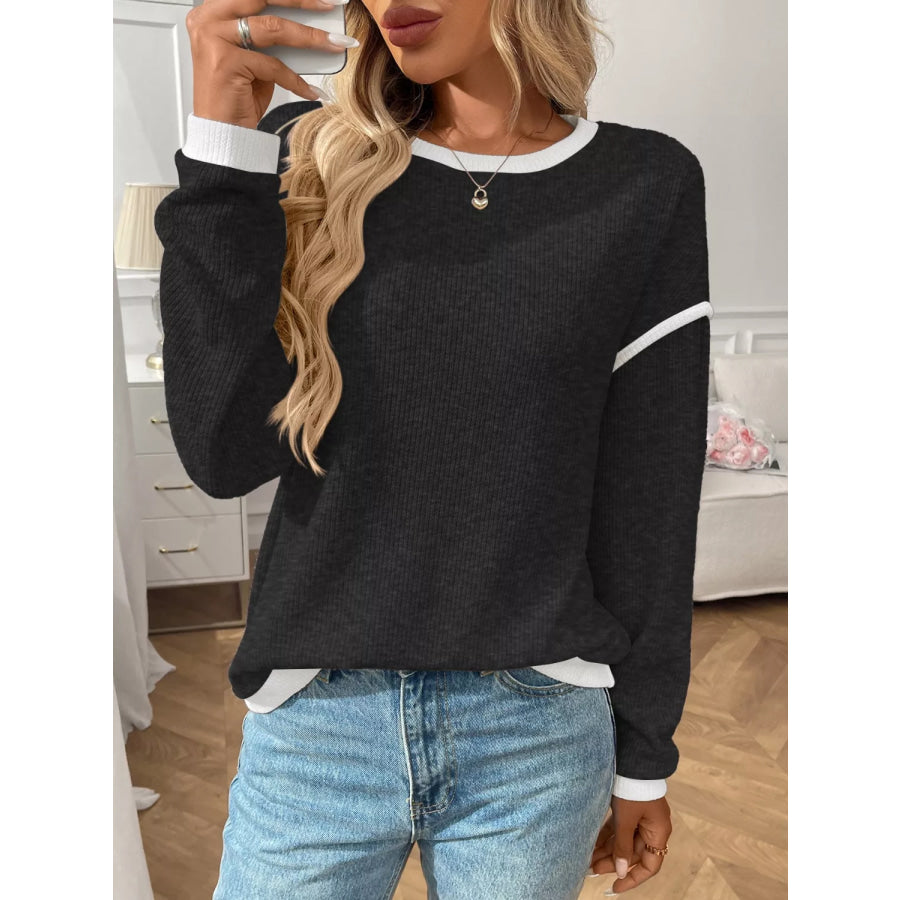 Ribbed Knit Contrast Trim Sweater Apparel and Accessories