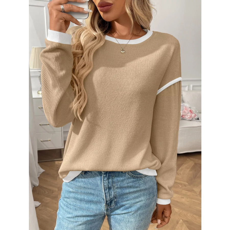 Ribbed Knit Contrast Trim Sweater Apparel and Accessories