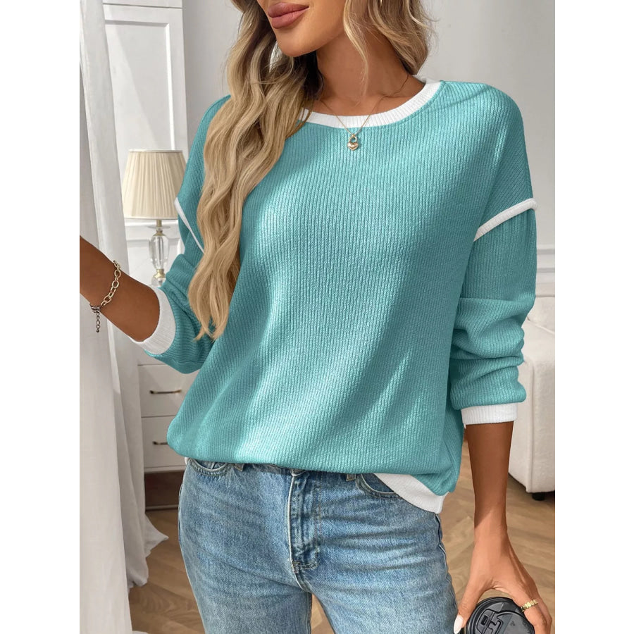 Ribbed Knit Contrast Trim Sweater Apparel and Accessories
