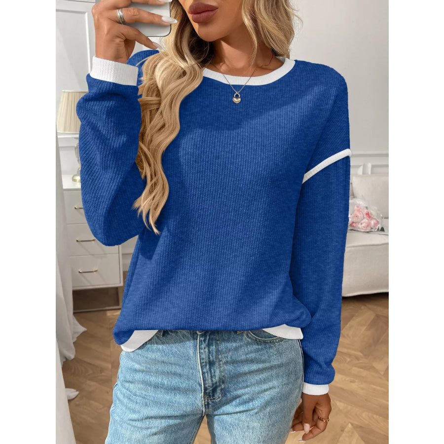Ribbed Knit Contrast Trim Sweater Apparel and Accessories