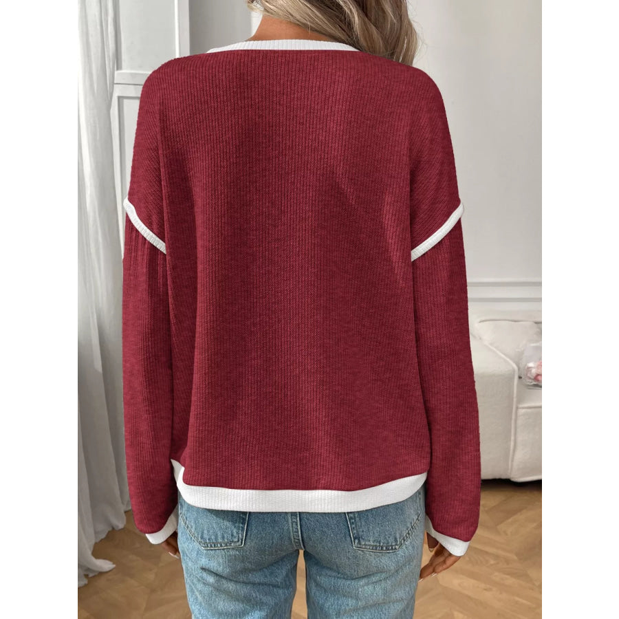 Ribbed Knit Contrast Trim Sweater Apparel and Accessories