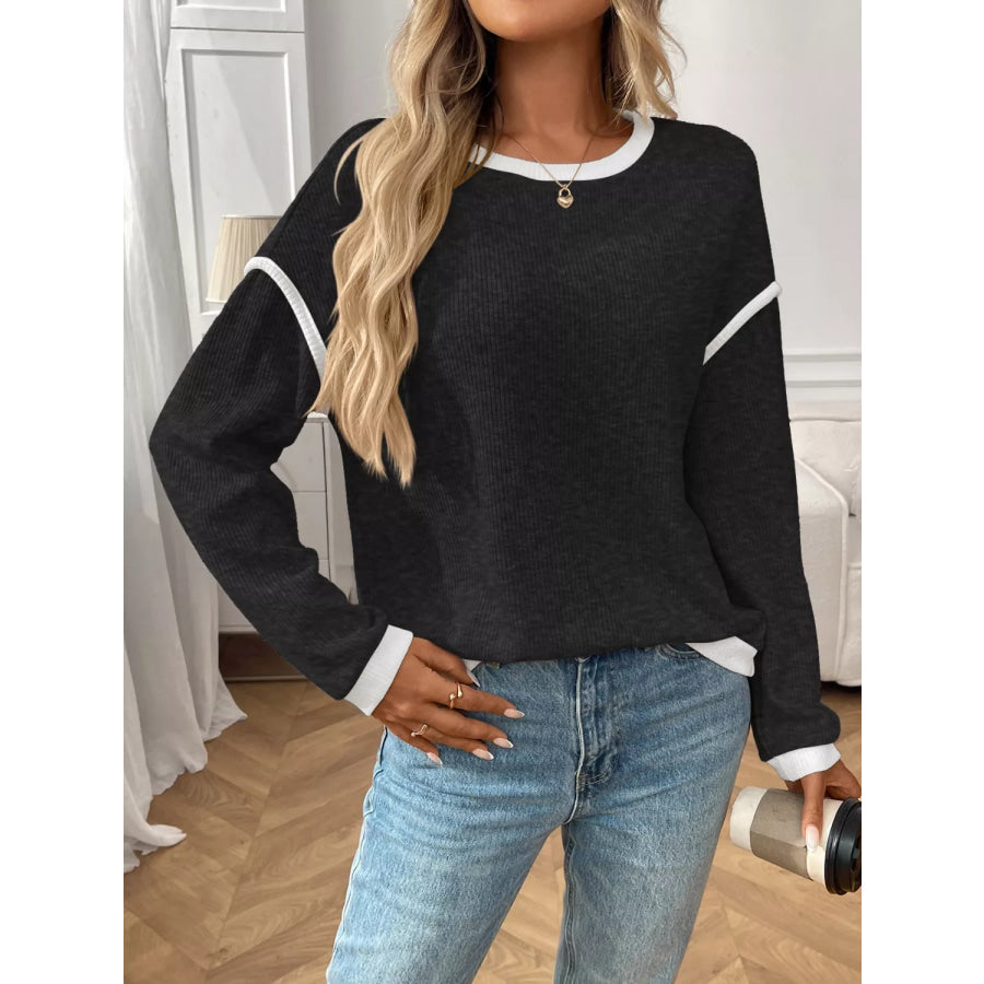 Ribbed Knit Contrast Trim Sweater Black / S Apparel and Accessories
