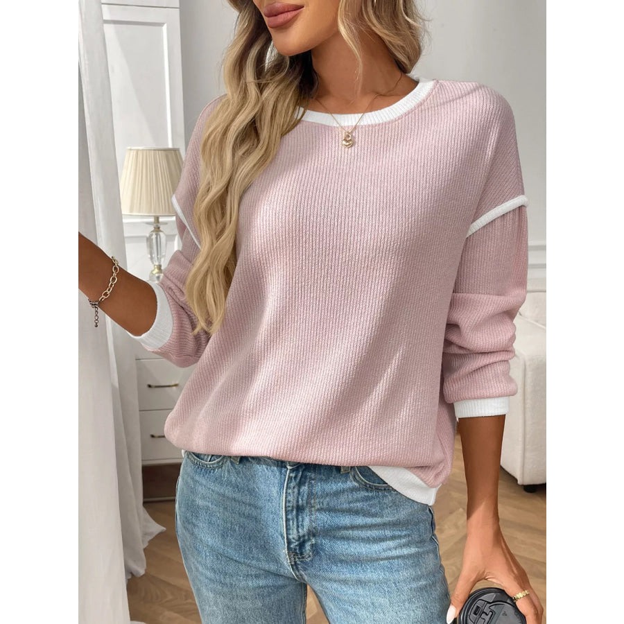 Ribbed Knit Contrast Trim Sweater Blush Pink / S Apparel and Accessories