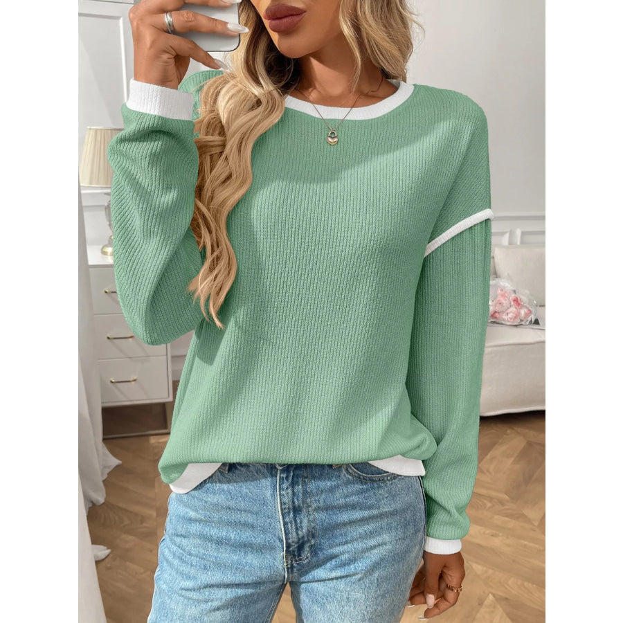 Ribbed Knit Contrast Trim Sweater Light Green / S Apparel and Accessories