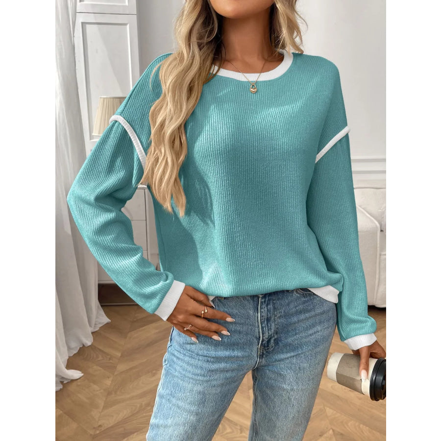 Ribbed Knit Contrast Trim Sweater Pastel Blue / S Apparel and Accessories