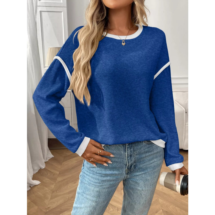 Ribbed Knit Contrast Trim Sweater Royal Blue / S Apparel and Accessories