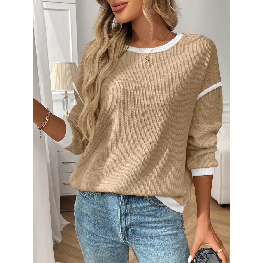 Ribbed Knit Contrast Trim Sweater Tan / S Apparel and Accessories