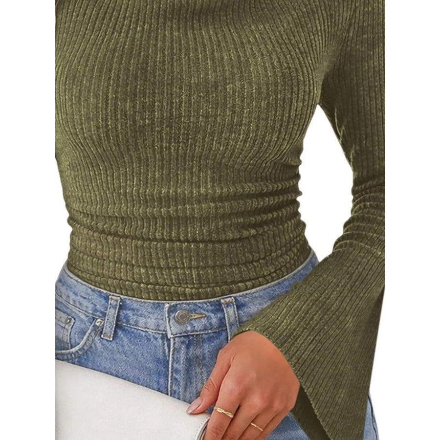 Ribbed Knit Cowl Neck Flared Sleeves Top Apparel and Accessories