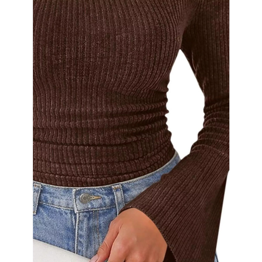 Ribbed Knit Cowl Neck Flared Sleeves Top Apparel and Accessories